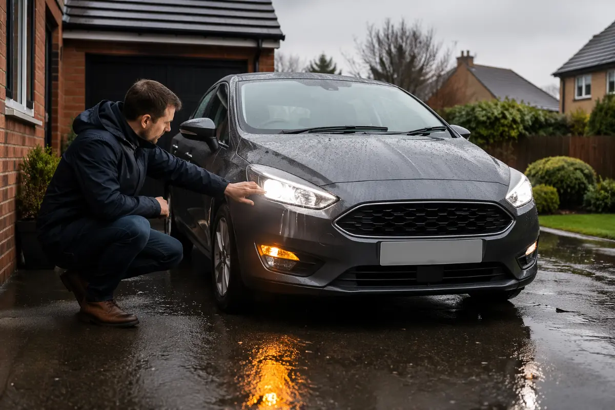 Driver inspecting headlights and windscreen on wet driveway