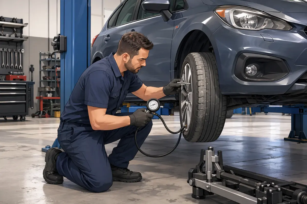 Mechanic inspecting tyre tread and pressure beside car